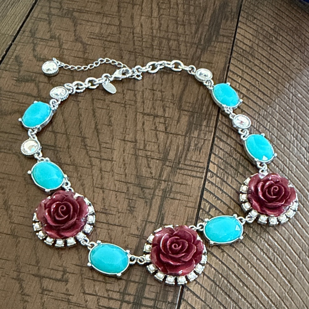 Lia Sophia “Odette” Flower Necklace w/Blue/Red Crystals, Glass Pearls & Resin